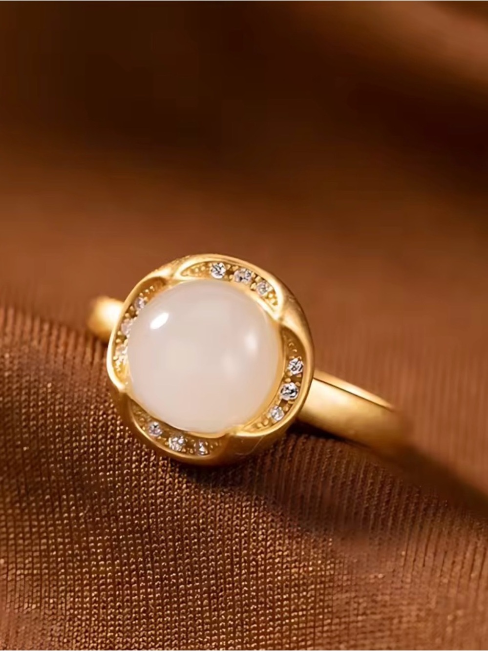 925 Gold Ring with White Cabochon Center and Crystal Accents